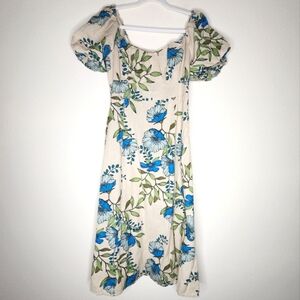 Tulip Creations Floral Short Puff Sleeve Smocked Back Midi Dress M